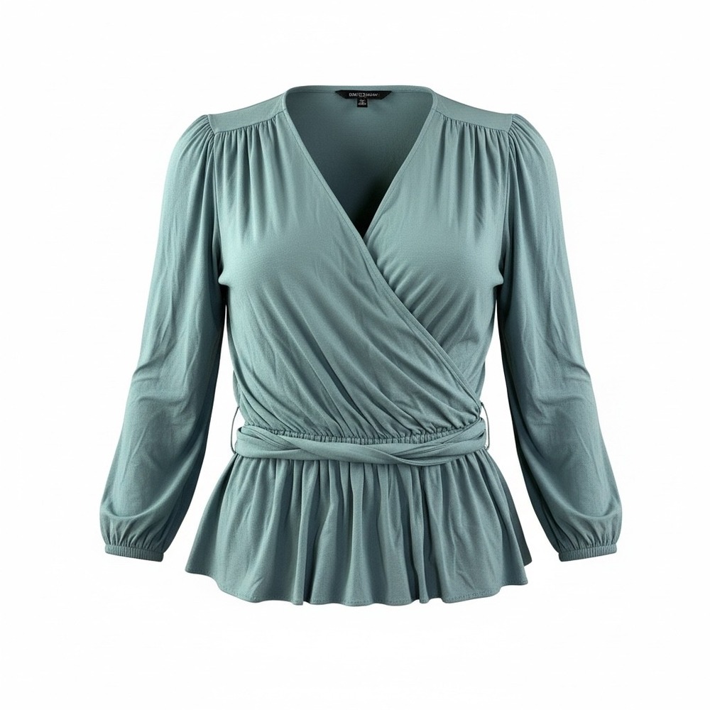 Lauren Ralph Lauren Black Label Wrap Top Womens L Teal Peplum Jersey V Neck Soft